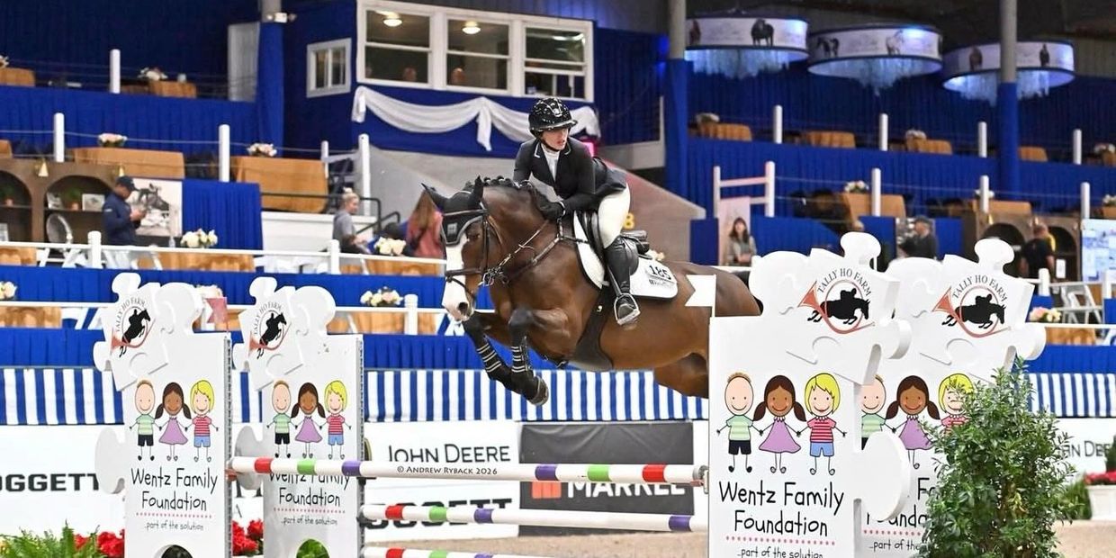 Equestrian rider jumping over an obstacle in an indoor arena.