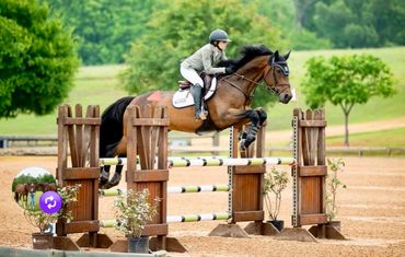 Rider and horse mid-jump over an obstacle in an equestrian event.