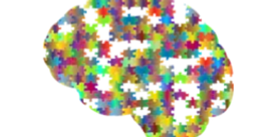 Brain-shaped design made of colorful interlocking puzzle pieces on a white background.