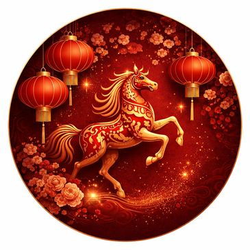 A decorative horse with red lanterns and floral patterns in a circular frame.