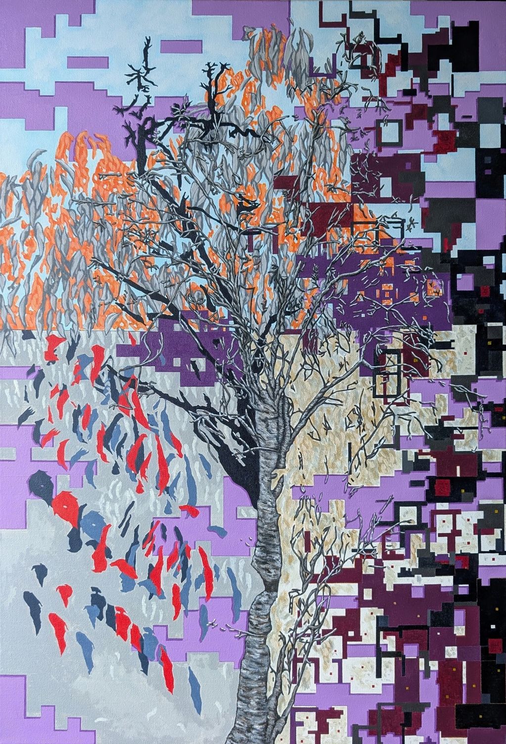 Painting of tree in autumn in a glitch art style