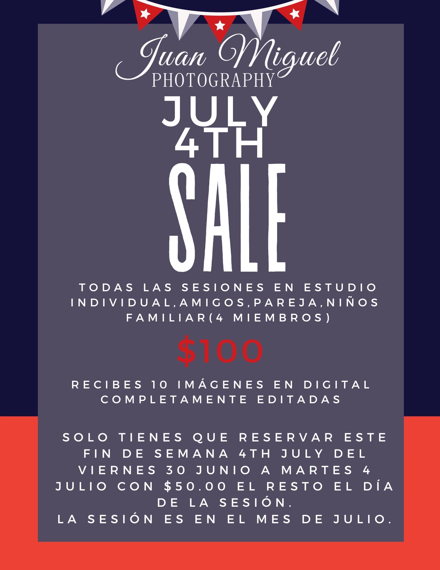 Oferta de fotografía para el 4 de julio por $100.