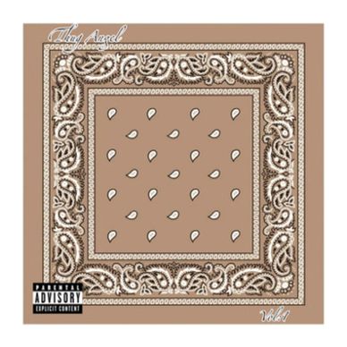 Brown bandana with paisley pattern and text.