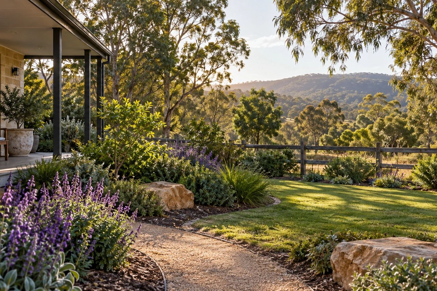 Leafy home garden with mulched beds, a gravel path and eucalyptus trees overlooking wooded hills.