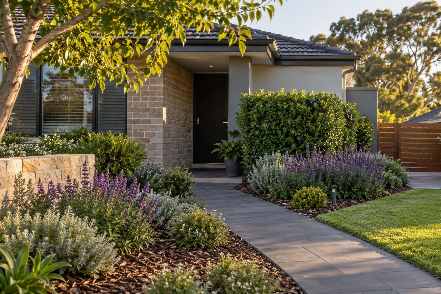 Tidy suburban front garden with mulched beds, a trimmed hedge and purple flowers.