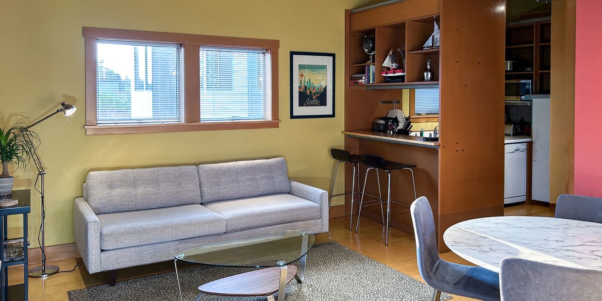 Bright and comfortable living room in Ballard Seattle vacation rental near shops and dining