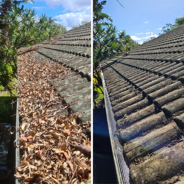 Before and after cleaning a gutter filled with dry leaves on a tiled roof.