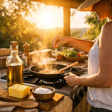 Woman cooking outdoors at sunset with fresh ingredients and olive oil.