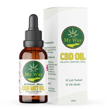 Bottle and box of My Way CBD MCT Oil, full spectrum.