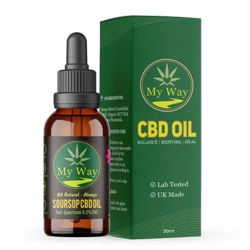 Bottle and box of My Way Soursop CBD Oil with natural green packaging.