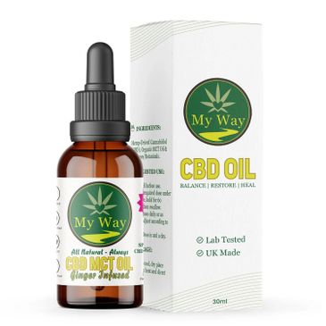 CBD oil bottle and box labeled 'My Way' with natural ingredients.