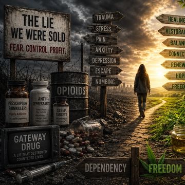 A person walks from a dark path of addiction to a bright path of freedom and healing.