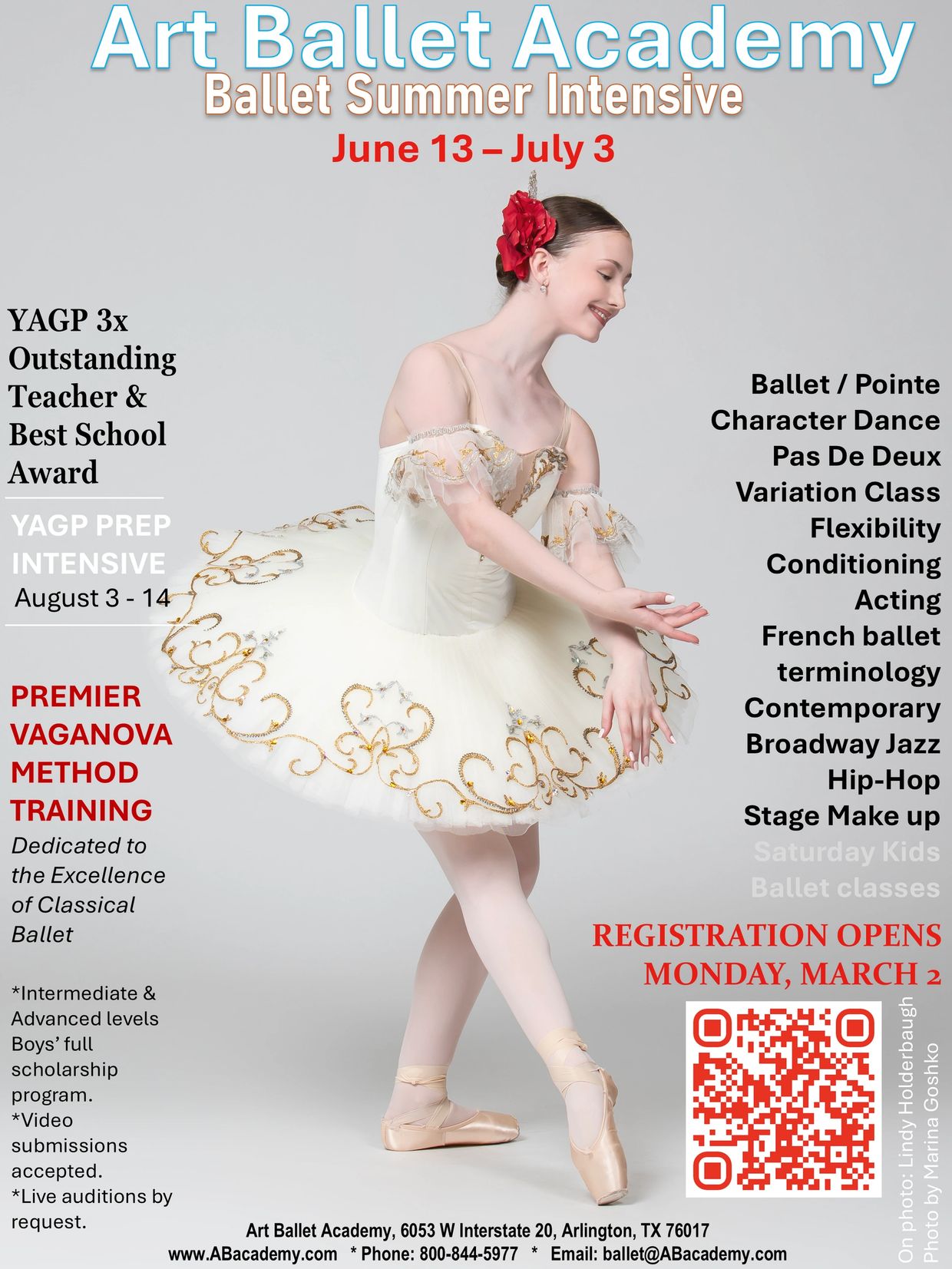 Lindy Holderbaugh in ballet tutu. Ad for 2026 Summer ballet dance classes lessons in Arlington, TX