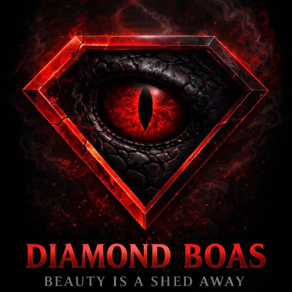 Red reptilian eye inside a fiery diamond shape with text about Diamond Boas.