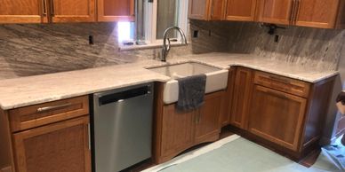 Thunder White Granite Kitchen with Full Height Backsplash