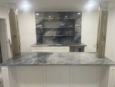 Quartzite Bar with Custom Stone Lined Shelves