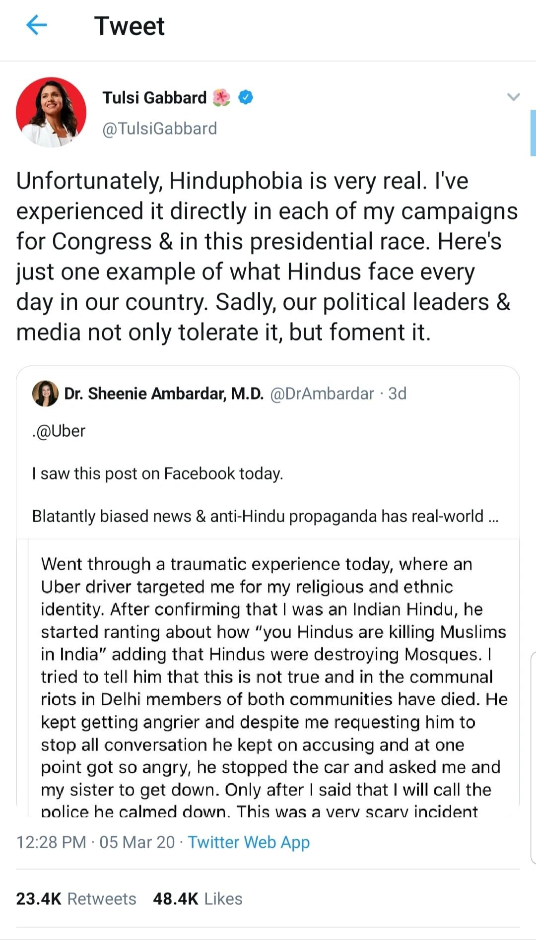 Rep Tulsi Gabbard, US Presidential candidate and a Hindu, expresses her feelings about Hinduphobia
