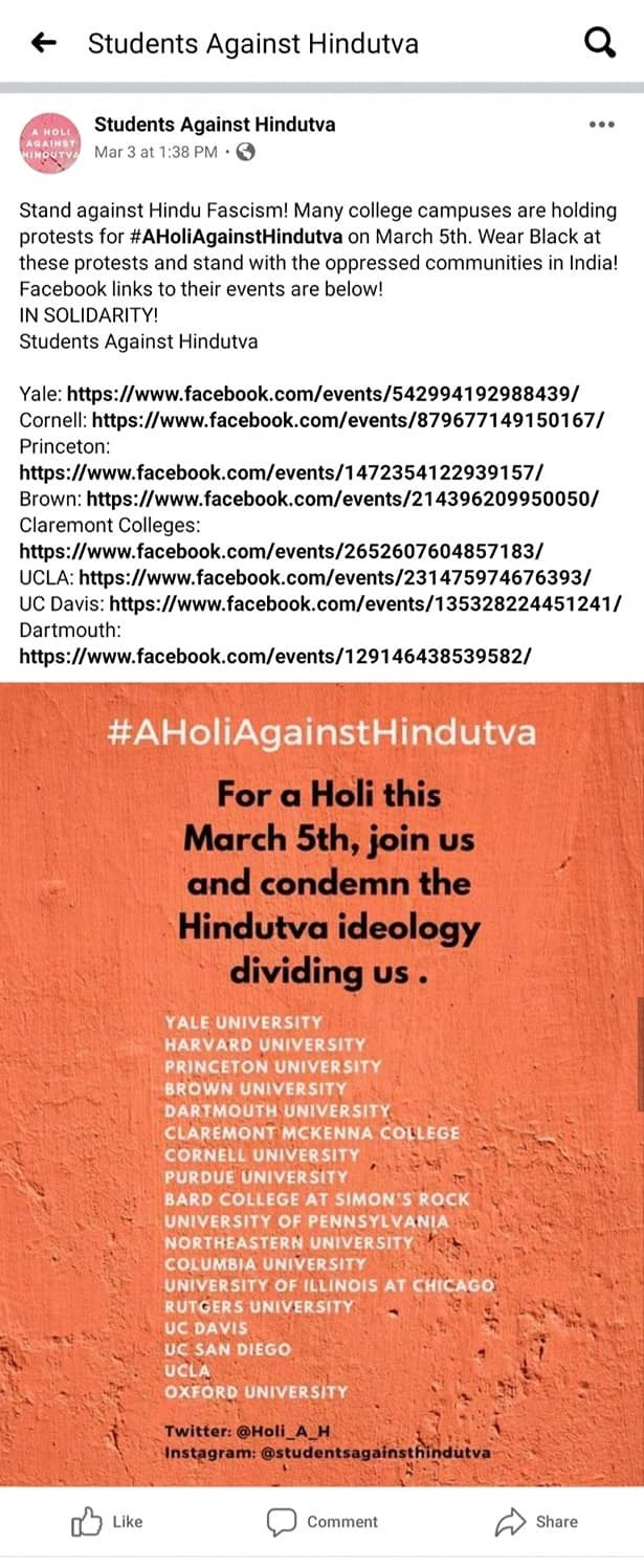 'Students Against Hindutva' group started by Yale university South Asian Students targeted a Hindu festival 'Holi'