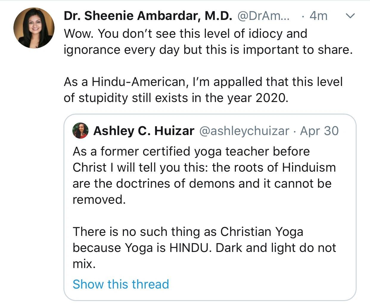 Twitter screenshot of a yoga teacher insulting Hinduism and connecting yoga to Christianity