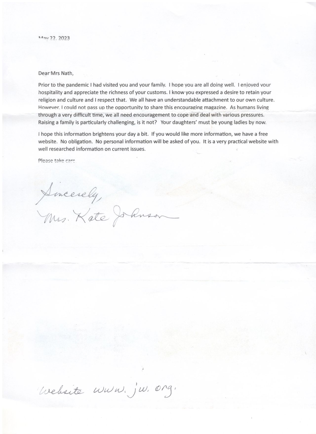 Letter from Kate Johnson