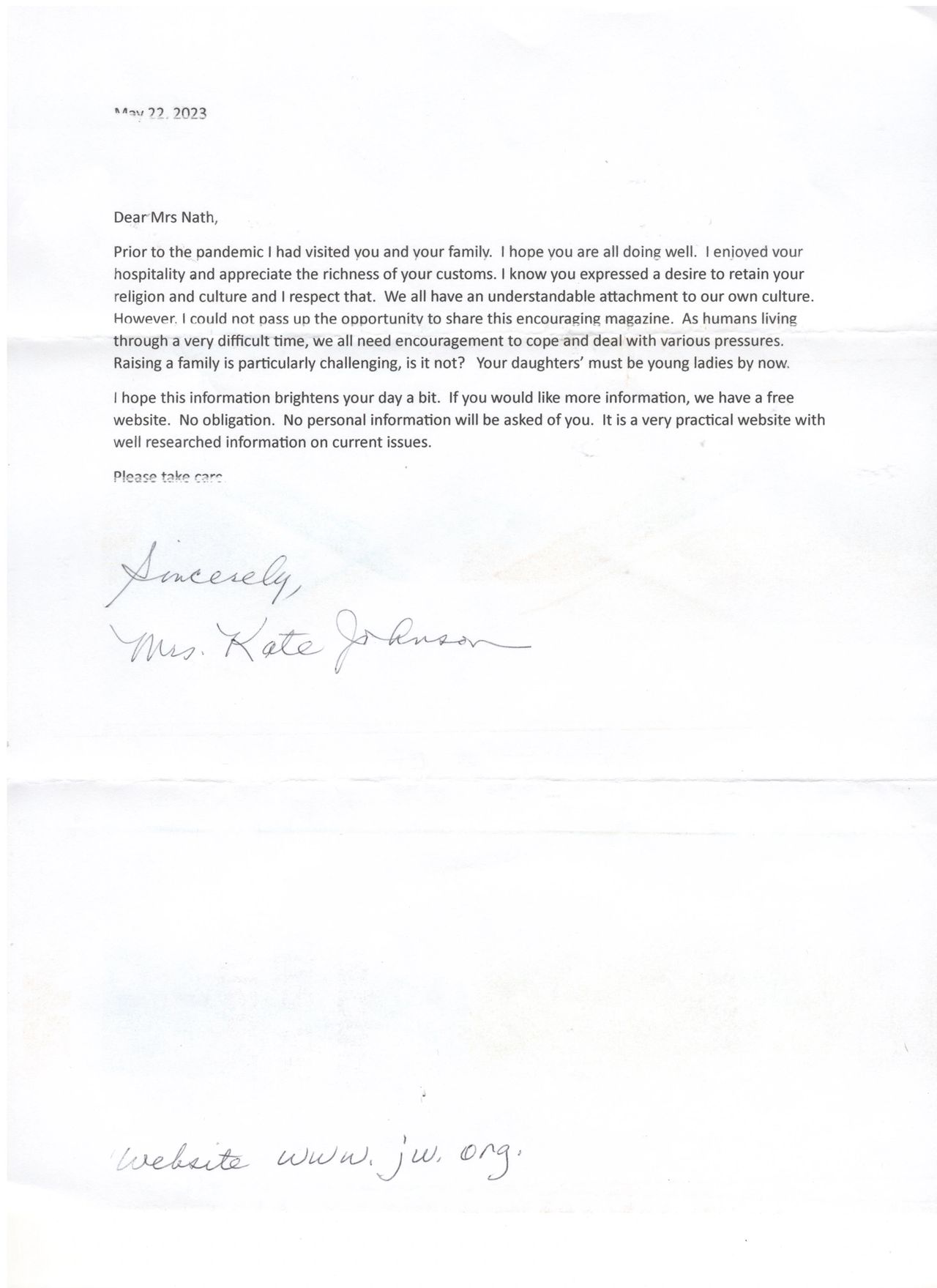 Letter from Kate Johnson Letter from Kate Johnson