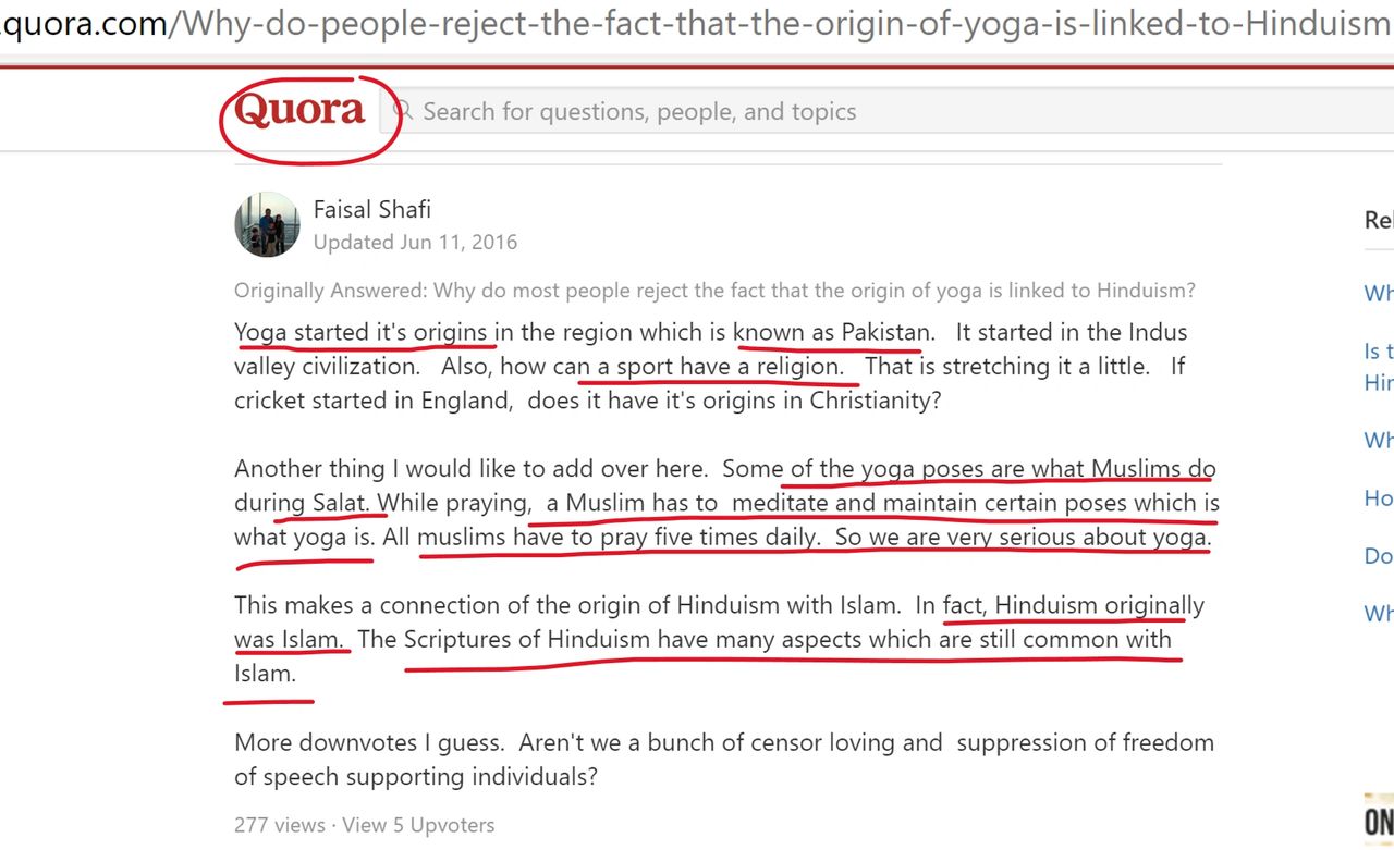 Screenshot taken from Quora.com response on the question: Why do people reject the fact that the origin of yoga is linked to Hinduism?