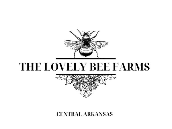 Elegant black and white logo for The Lovely Bee Farms with a bee and floral design.
