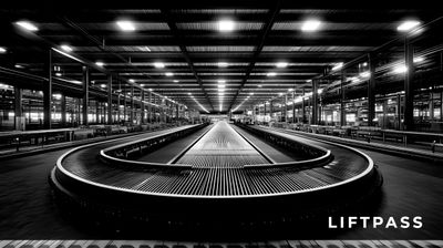 Black and white image of an empty airport luggage conveyor belt.