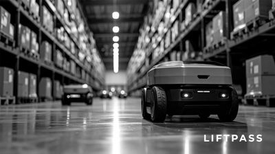 Autonomous robots navigating a warehouse aisle filled with shelves and boxes.