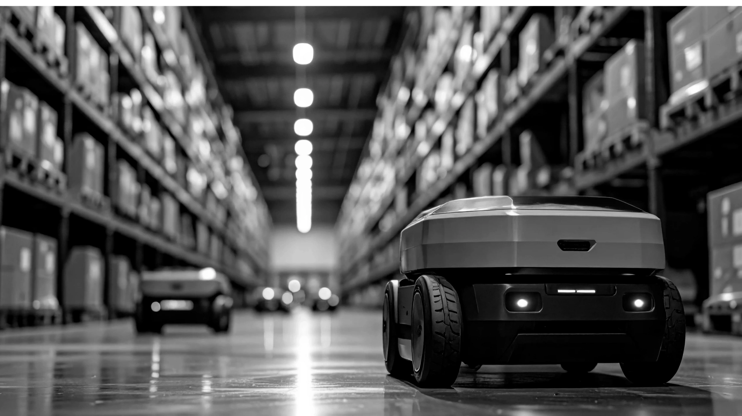 Autonomous robots navigating a warehouse aisle filled with shelves and boxes.