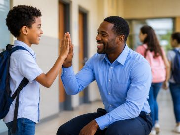 Teacher and student share a high five at school.