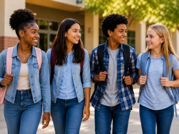 Four diverse teens with backpacks walking and smiling.