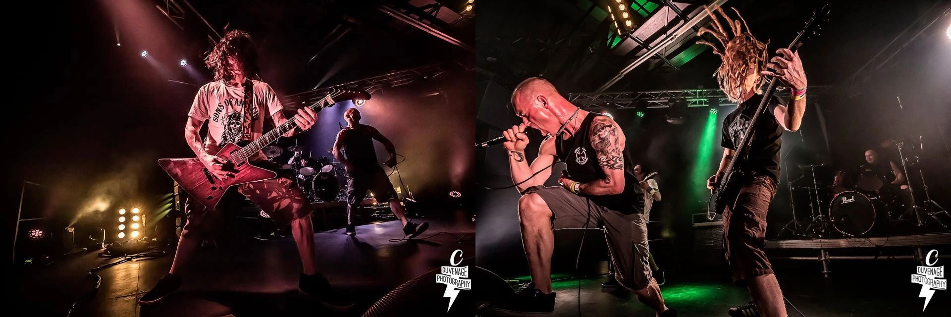 Energetic live rock band performance with intense lighting.