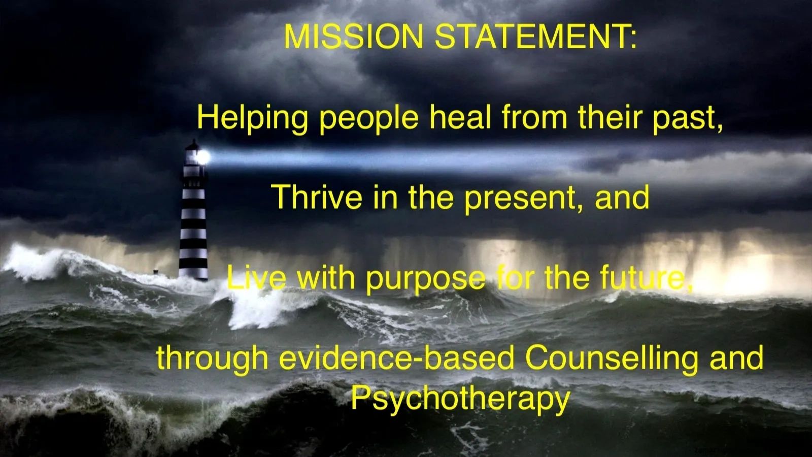 Lighthouse guiding ships through stormy seas with mission statement text.