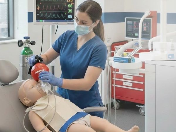 Healthcare professional practices CPR on a medical training mannequin.