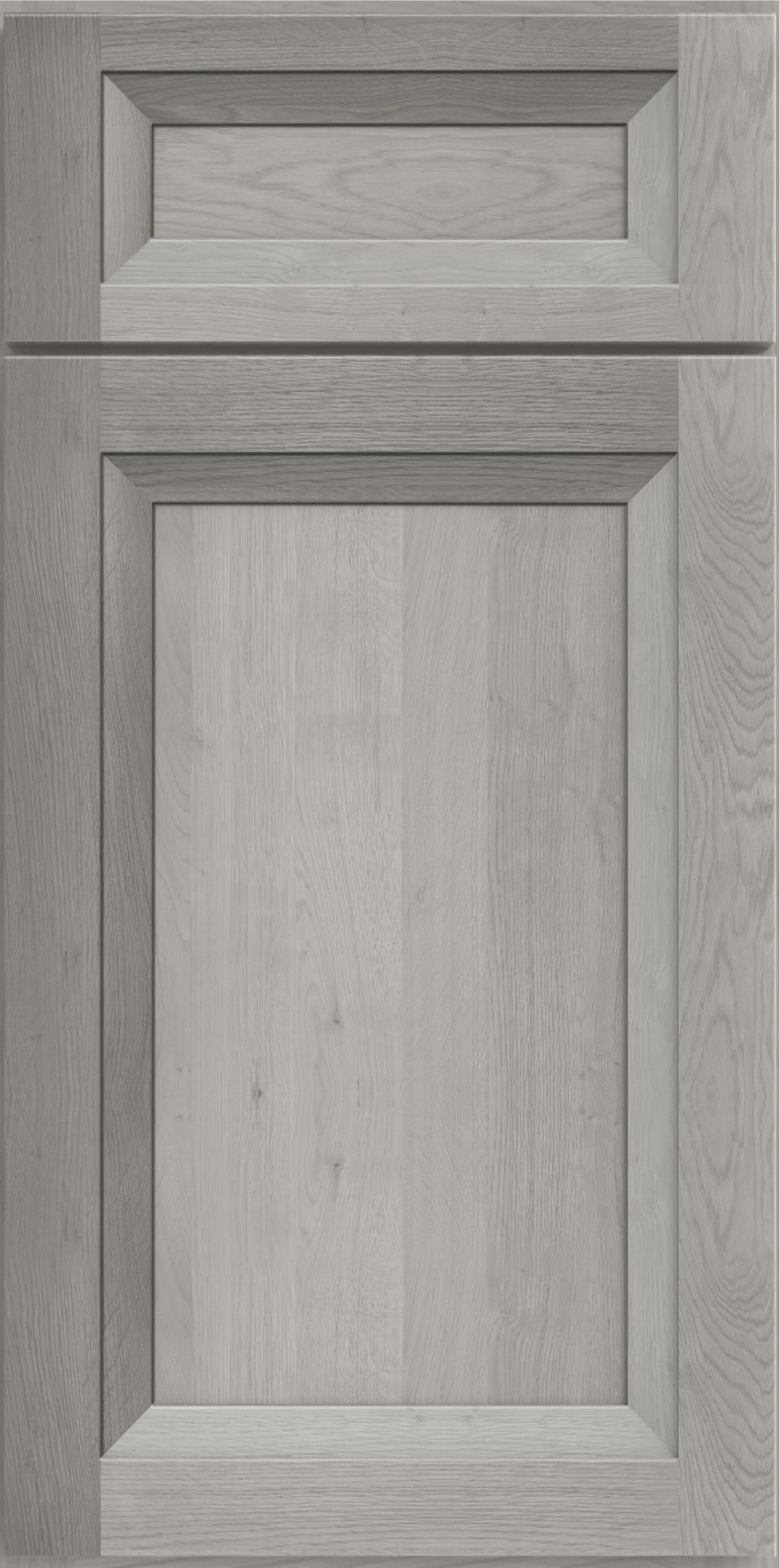 Gray wooden cabinet door with raised panels.