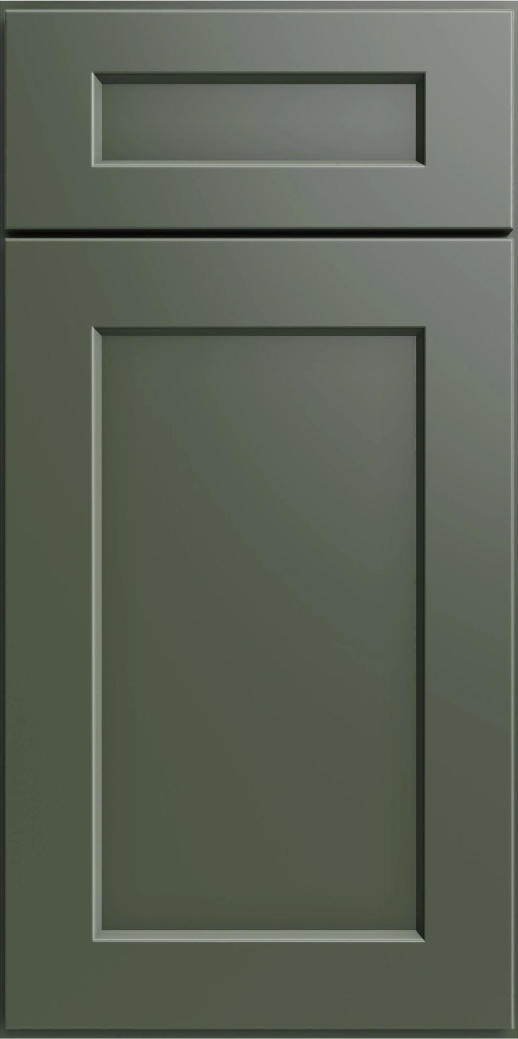 Dark green cabinet door with recessed panel design.