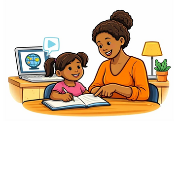 A mother helps her daughter with homework at a table, with a laptop nearby.