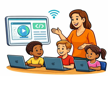 Teacher teaching kids coding on laptops with a digital screen and wifi symbol.
