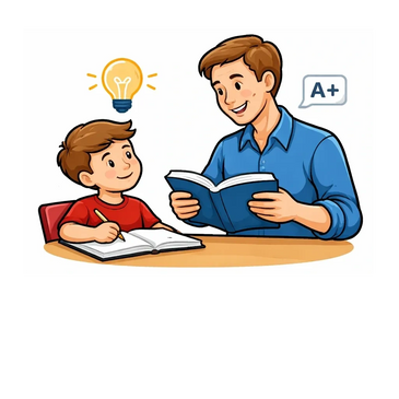 A boy learns with a man, getting an A+ and having a bright idea.