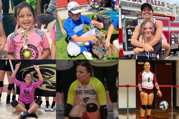 Collage of young athletes and joyful moments in softball and volleyball.