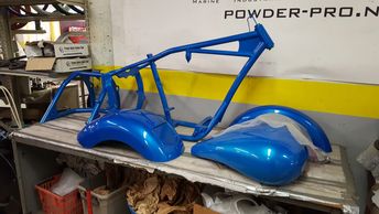 Custom Harley Frame, Swing Arm, Gas Tank & Fenders, Powder Coated in 2Stage Met Blue with Clear Coat