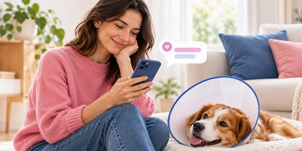 Woman texting while dog wears a cone after surgery.