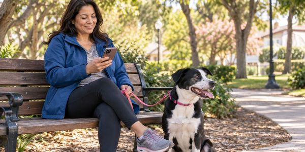 Woman sitting on bench with her dog in a park.