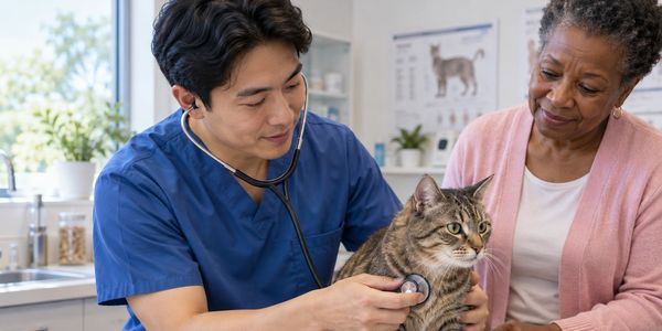 Veterinarian examining a cat with owner present.