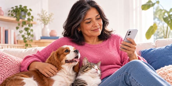 Woman relaxing with her dog and cat while using a smartphone.