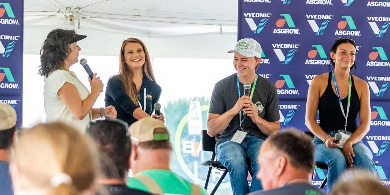 Rachel Fishback on a farmers panel at agphd field day with Bridgett Ridell and Farmer Grace