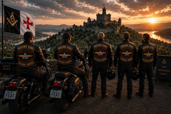 Widows Sons on a F.E.A.T. Worldwide motorcycle pilgrimage overlooking a historic castle at sunset.