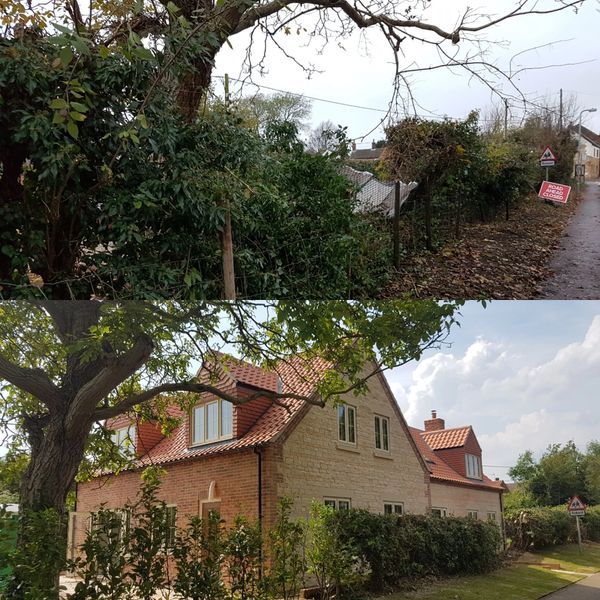 Two photos showing a rural road with 'Road Ahead Closed' and 'School' signs, and a house with a red tiled roof.