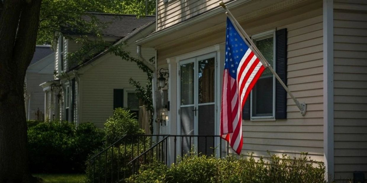 American flag displayed outside a suburban home with greenery.